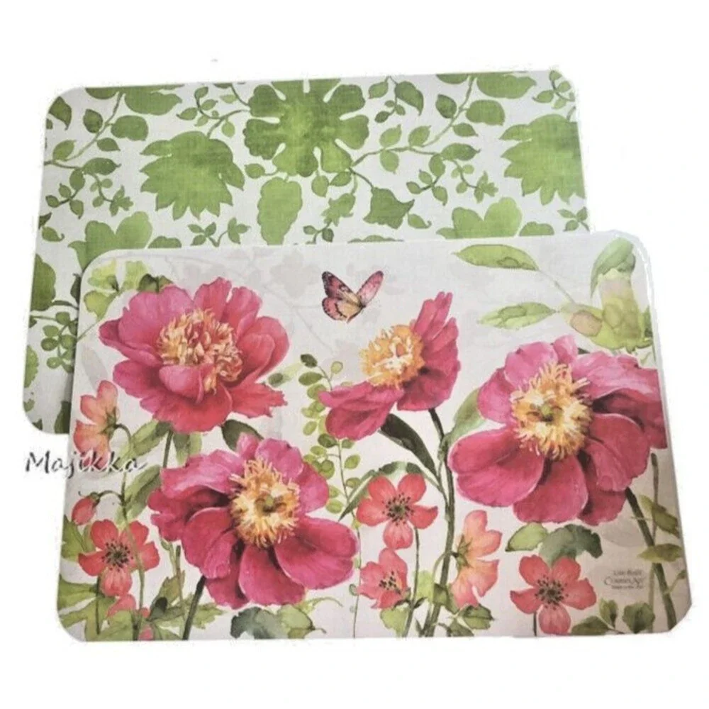 CounterArt Pink Floral Garden Placemats Set of 4 Vinyl Double Sided 17x11